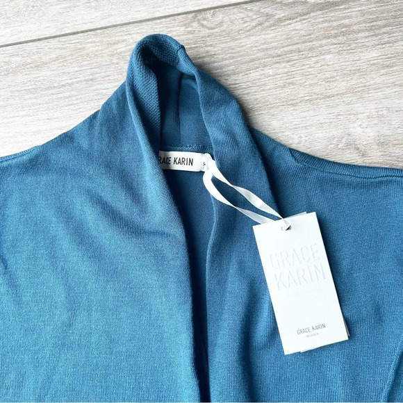NWT Grace Karin Blue Open Front Long  Length Cardigan - Picture 6 of 15